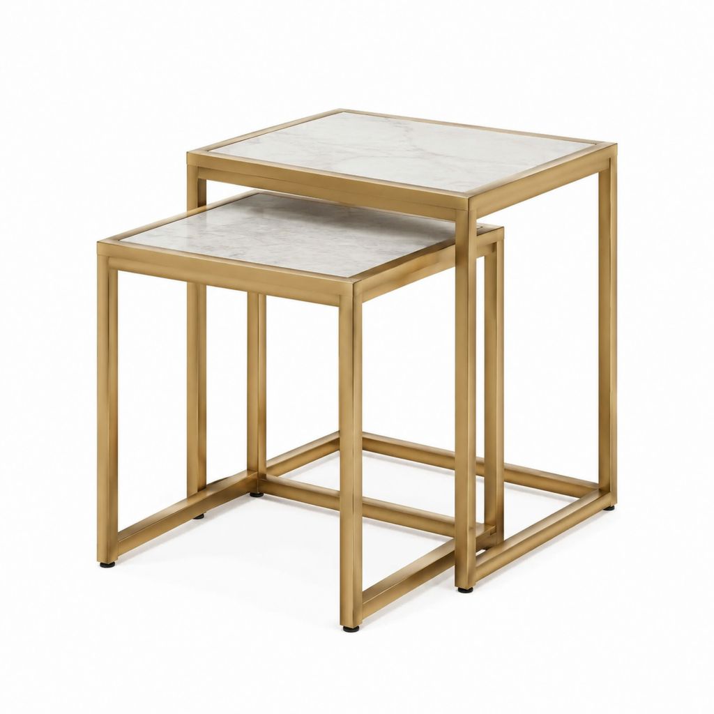 Satztische 2er Set Gold Stahl Marmoroptik quadratisch 45 x 45 x 50 cm und 40 x 40 x 45 cm