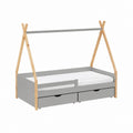 Kinder Hausbett Grau und Natur Kiefer Massivholz MDF 90 x 200 cm mit Rausfallschutz und 2 Schubladen