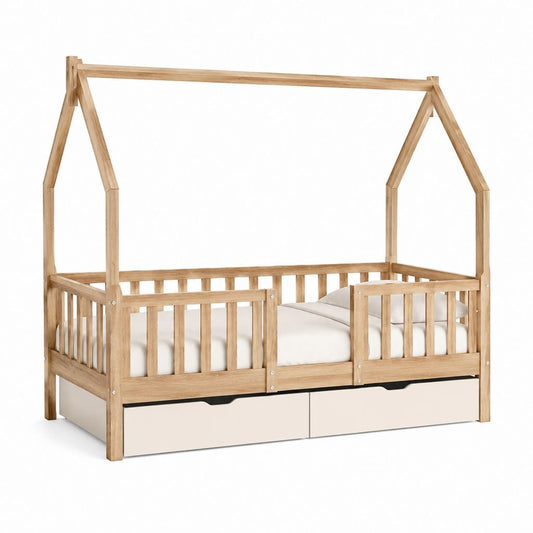 Kinderhausbett mit 2 Schubladen aus massivem Kiefernholz Natur 90 x 200 cm