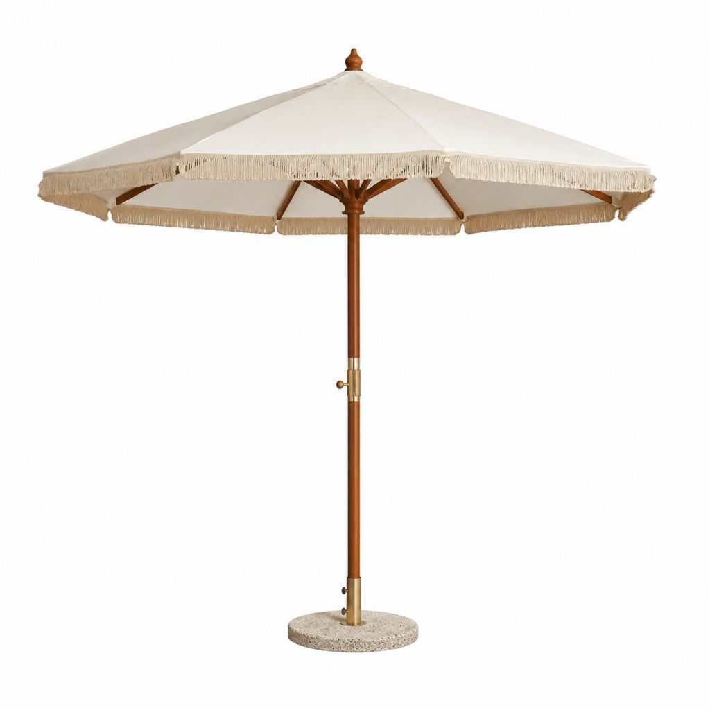 Sonnenschirm mit Fransen Cremeweiß Massivholz achteckig Ø 300 cm mit Betonständer