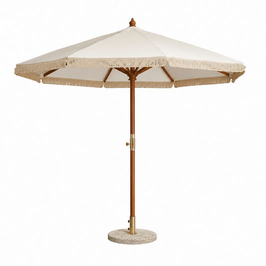 Sonnenschirm mit Fransen Cremeweiß Massivholz achteckig Ø 300 cm mit Betonständer