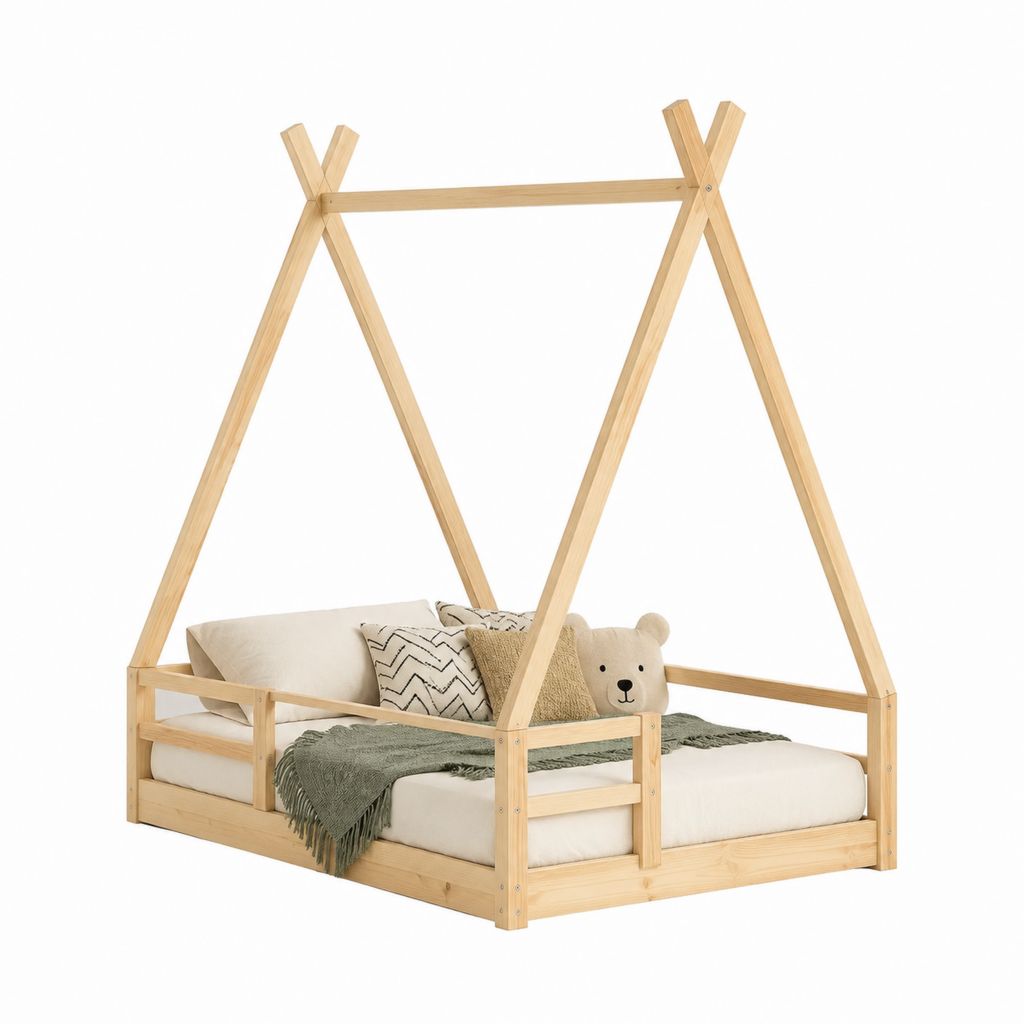 Kinderhausbett Tipi Natur aus massivem Kiefernholz 90 x 200 cm