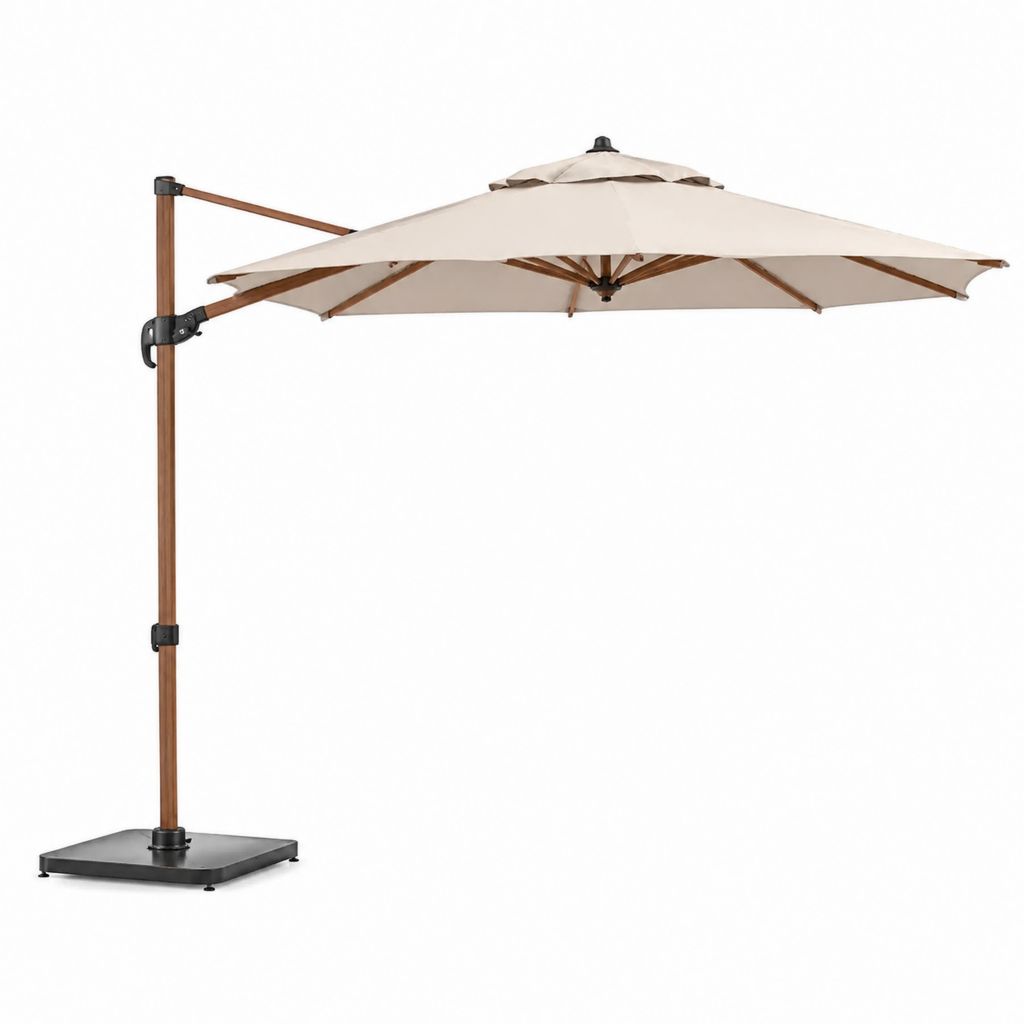 Ampelschirm Ø 300 cm Creme aus Polyester mit Eukalyptusholzgestell und Stahlfuß