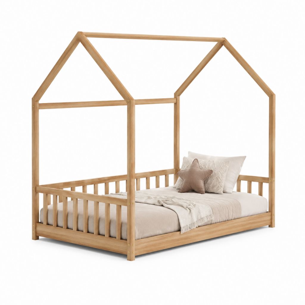 Kinderhausbett Natur aus massivem Kiefernholz in Hausform 90 x 200 cm