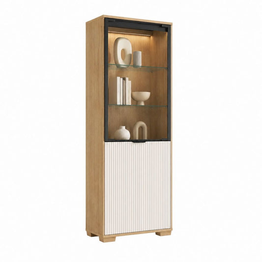 Vitrine mit LED-Beleuchtung Eiche Natur Weiß Spanplatte Glas Rechteckig 60 x 40 x 190 cm