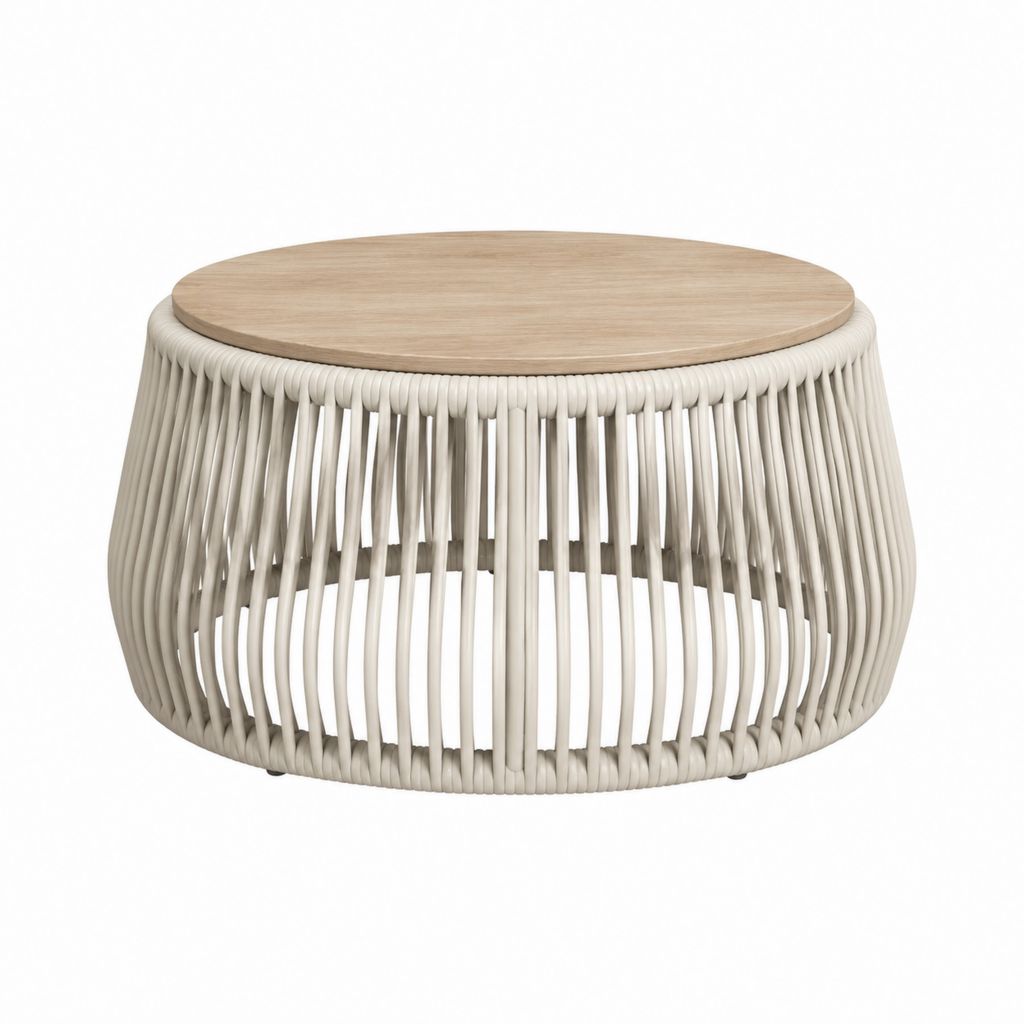 Couchtisch rund Naturweiß mit MDF-Tischplatte und PE-Rattan-Gestell Ø 70 x 40 cm