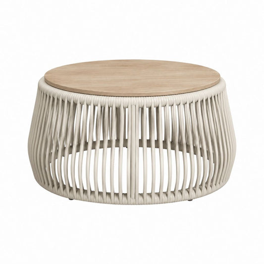 Couchtisch rund Naturweiß mit MDF-Tischplatte und PE-Rattan-Gestell Ø 70 x 40 cm