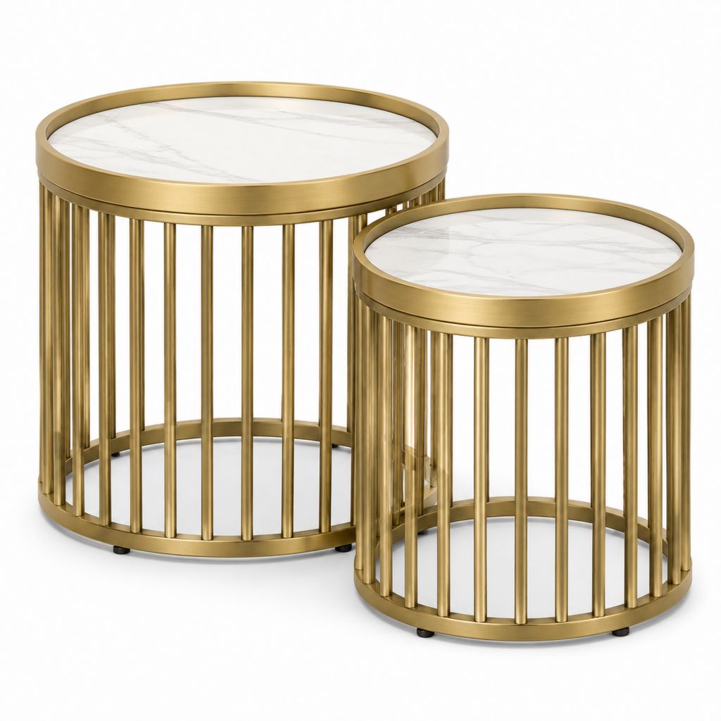Couchtisch Set 2-teilig Gold Stahl rund mit Marmoroptik Tischplatten Ø 50 cm und Ø 40 cm
