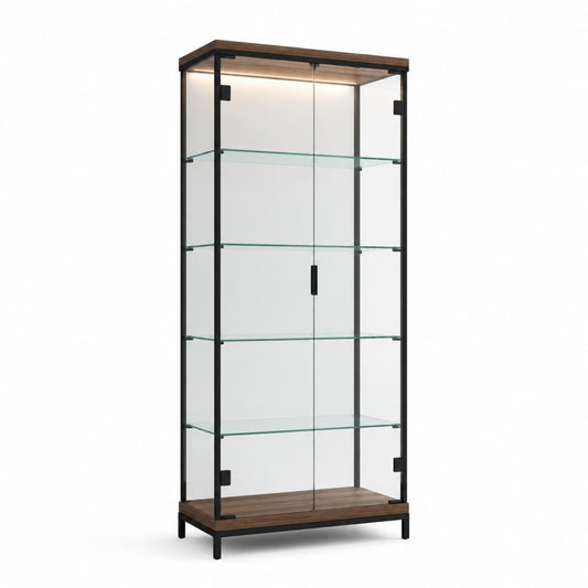 Glasvitrine mit LED-Beleuchtung Schwarz Nussbaum MDF Stahl Sicherheitsglas Rechteckig 80 x 40 x 180 cm