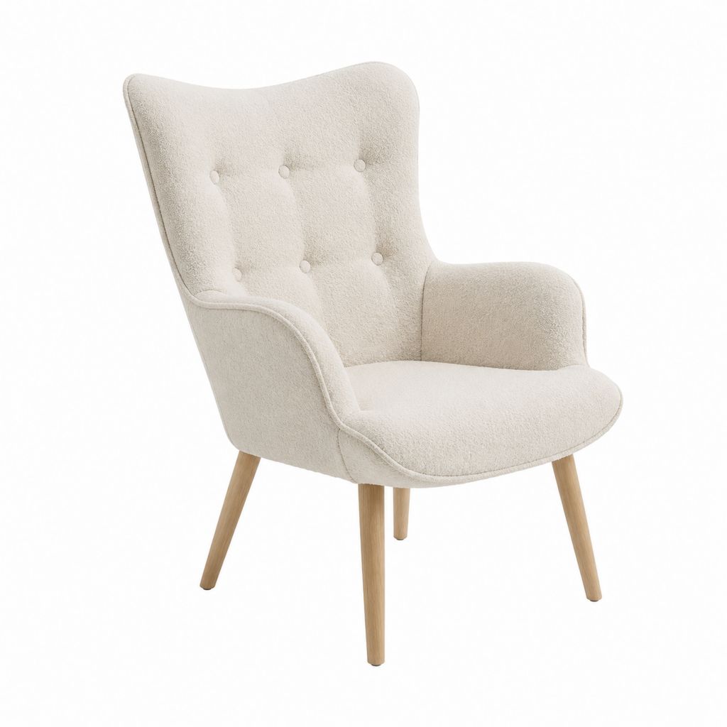 Ohrensessel Beige mit Polyester-Bouclébezug und Massivholzbeinen 74 x 78 x 102 cm